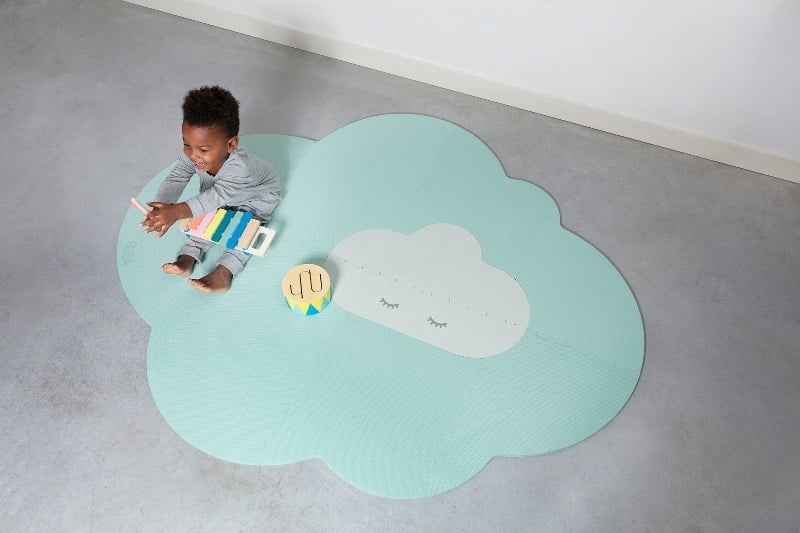 Merinos Tappeto Rotondo Per Bambini 120 Cm – Design Nuvole In Blu, Grigio E Crema – Morbido E Antimacchia
